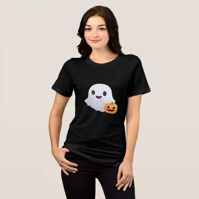 Camiseta Fantasma Bonita e Abóbora no Halloween (Frente Completa)