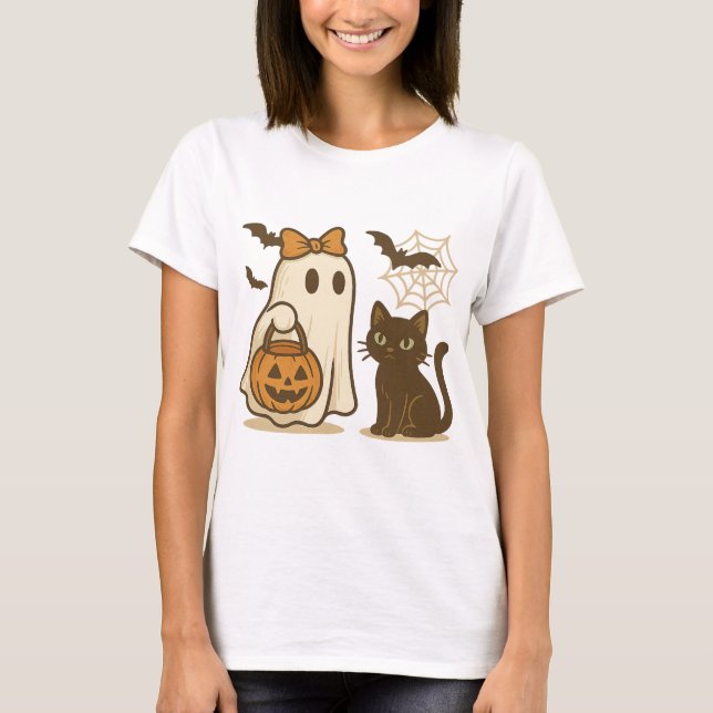 Camiseta Fantasma Bonito com Arco e Gato Negro - Kawaii Spo (Frente)