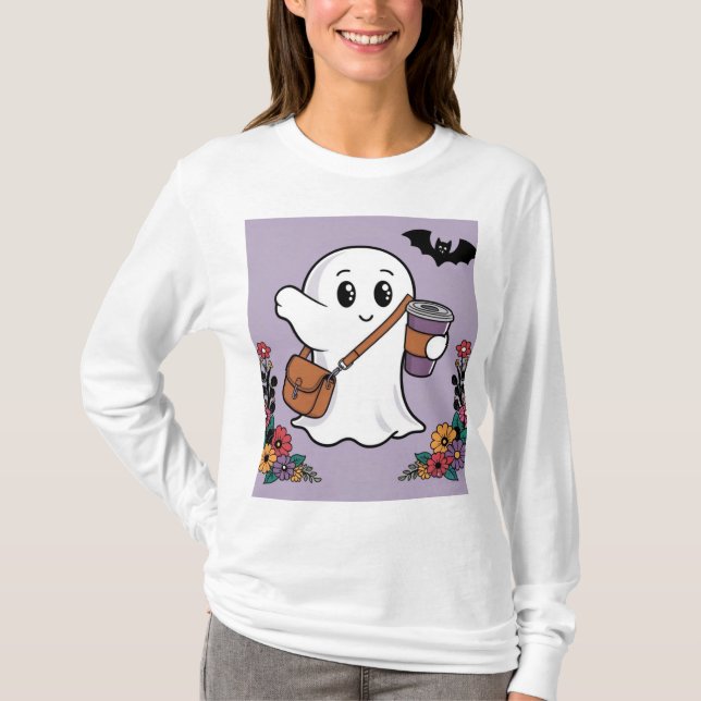 Camiseta Fantasma Bonito com Café e Na moda (Frente)