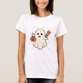 Camiseta Fantasma Bonito com Flor e Abóbora no Halloween
