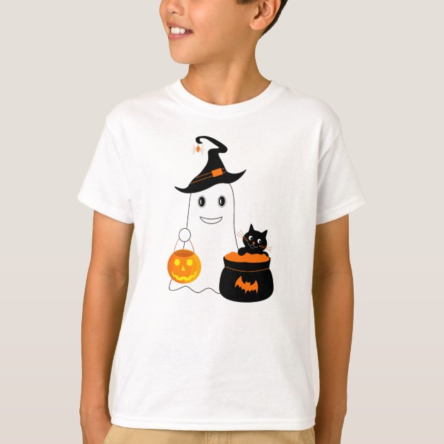 Camiseta Fantasma bonito com gato preto celebra o Dia do Di (Frente)
