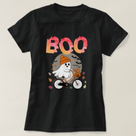 Camiseta Fantasma Bonito de Halloween numa bicicleta