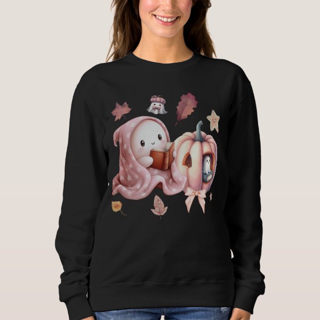 Camiseta Fantasma Bonito Lendo Livros Professores Halloween (Frente)