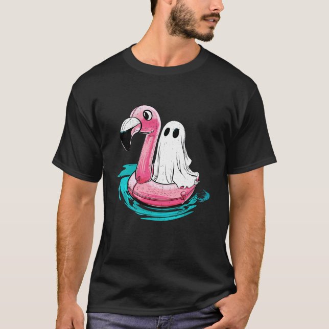 Camiseta Fantasma Boo Em Flutuador De Flamingo Piada De Hal (Frente)