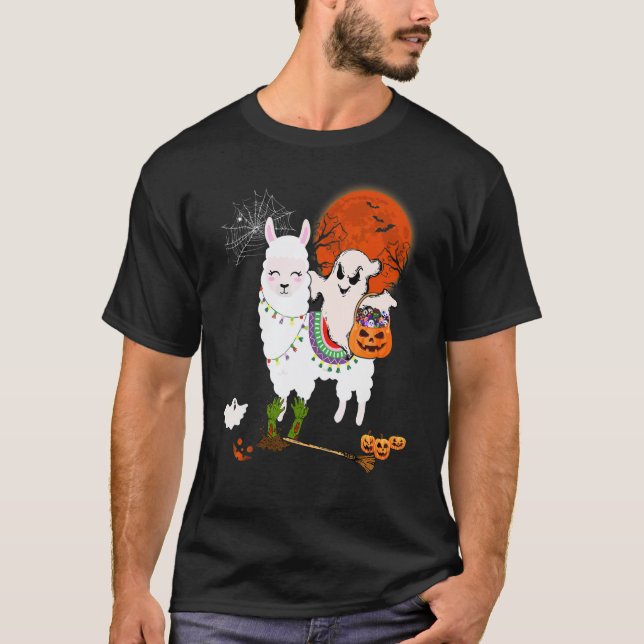 Camiseta Fantasma Boo Montado em Llama com Cesta de Doces A (Frente)