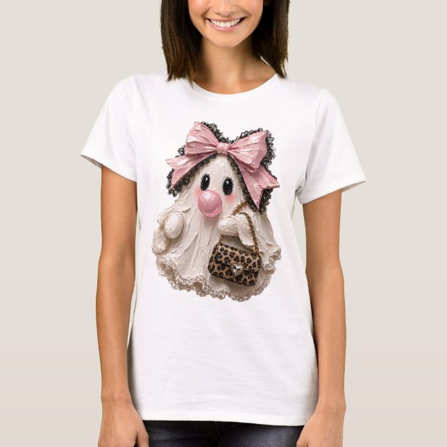 Camiseta Fantasma Chiclete Fofo Halloween Laço Rosa (Frente)