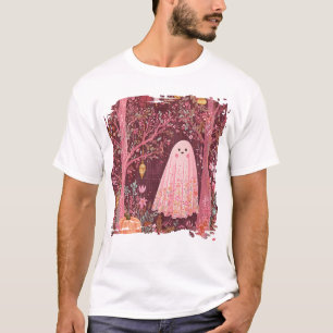 Camiseta Fantasma Cinza-Branca em Floresta Floral Encantada