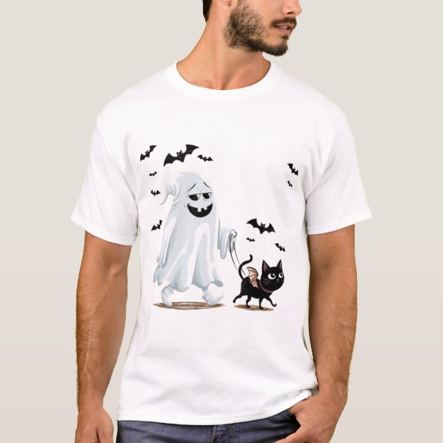 Camiseta fantasma com cão andando no halloween (Frente)