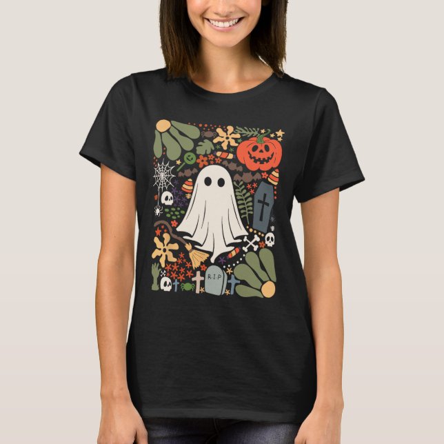Camiseta Fantasma Com Flores, Fantasma Da Pumpkin Floral De (Frente)