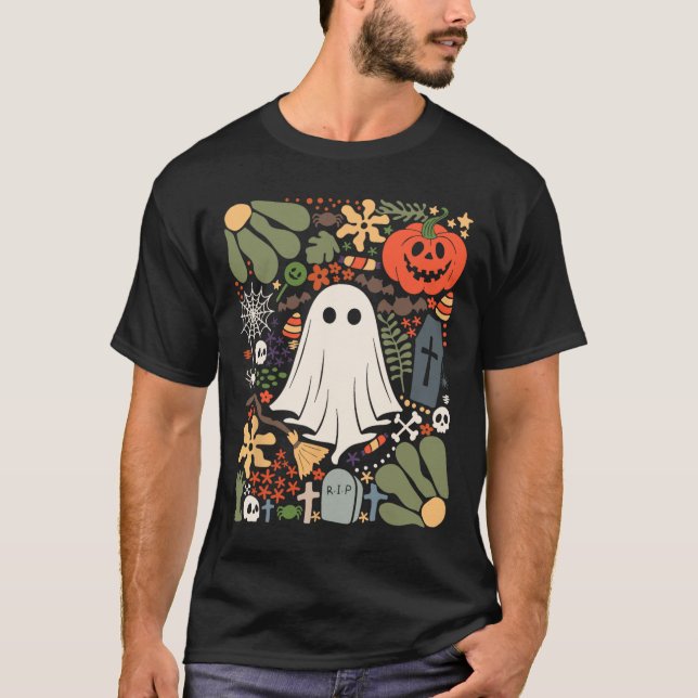 Camiseta Fantasma Com Flores, Fantasma Da Pumpkin Floral De (Frente)