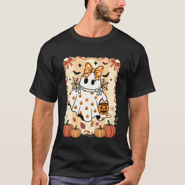 Camiseta Fantasma com Laço Preppy Halloween Abóbora Tempora (Frente)