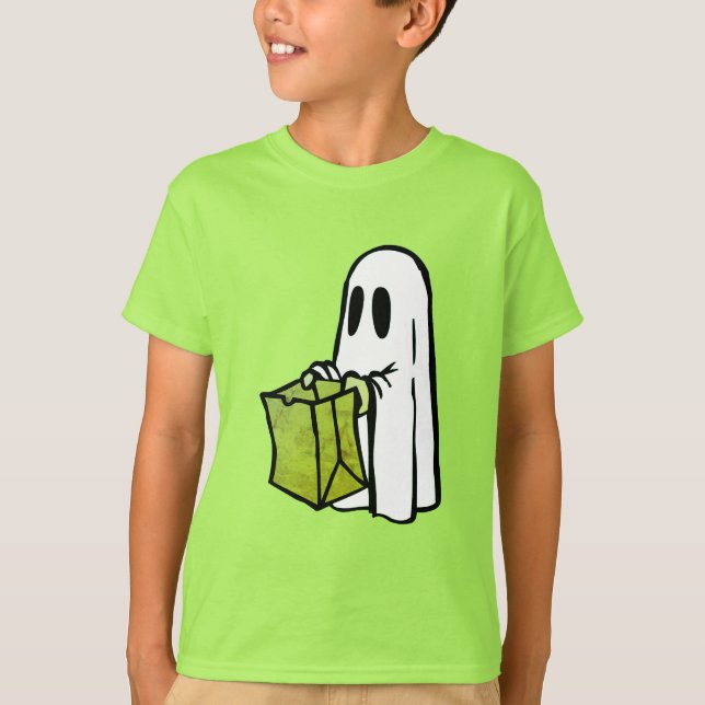 Camiseta Fantasma com Truque ou Tratamento de Bag Verde (Frente)