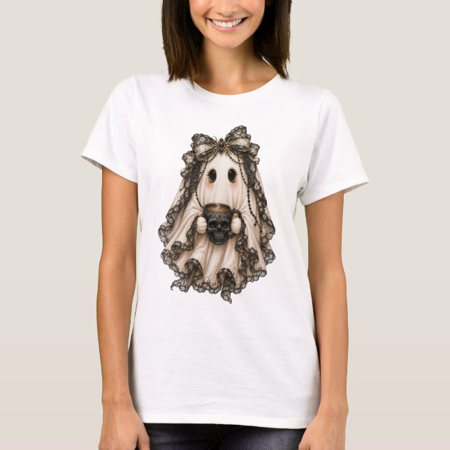 Camiseta Fantasma Coquete Adorável Com Café Halloween (Frente)