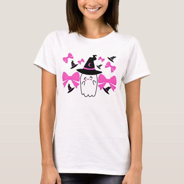 Camiseta Fantasma Coquette Rosa com Arcos no Halloween (Frente)