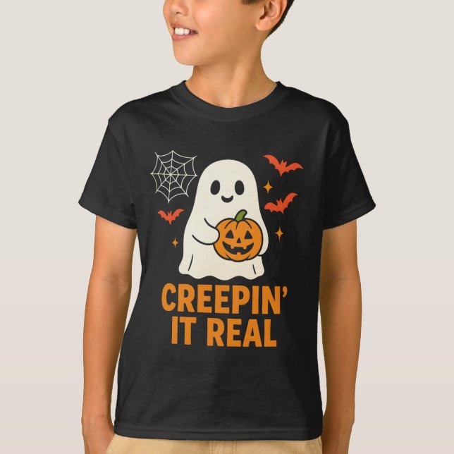 Camiseta Fantasma 'Creepin’ It Real' com arte de abóbora de (Frente)