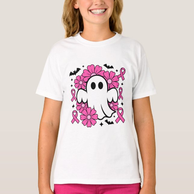 Camiseta Fantasma da Consciência do Cancer com Flores Rosa (Frente)