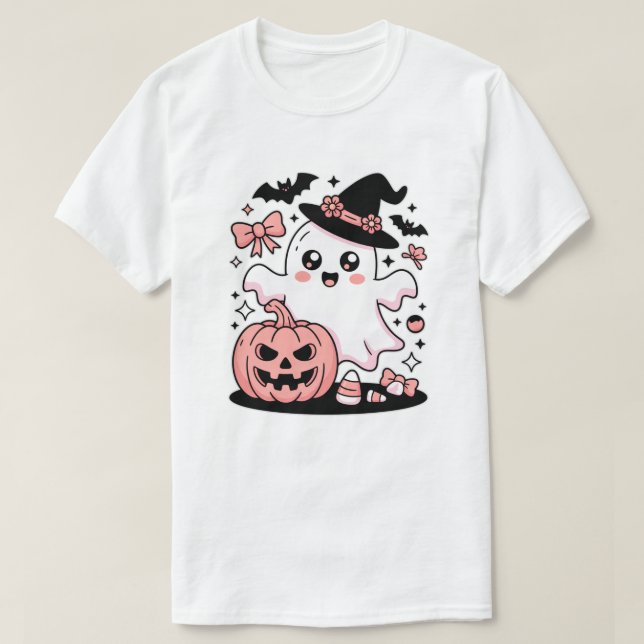 Camiseta Fantasma das Bruxas Rosa Kawaii com Abóbora e Arco (Frente do Design)