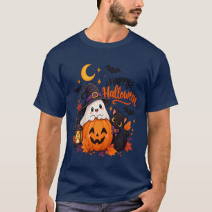 Camiseta Fantasma de Abóbora de Gato Preto Feliz Halloween 