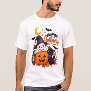 Camiseta Fantasma de Abóbora Feliz no Halloween Gato Preto 