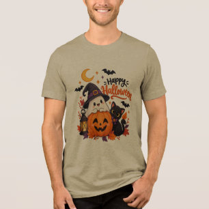 Camiseta Fantasma de Abóbora Feliz no Halloween Gato Preto 