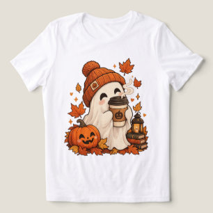 Camiseta Fantasma de Halloween Abóbora Folhas de Outono Ama