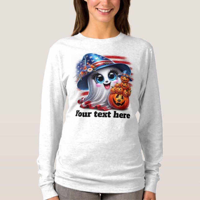 Camiseta Fantasma de Halloween com abóbora e bandeira ameri (Frente)
