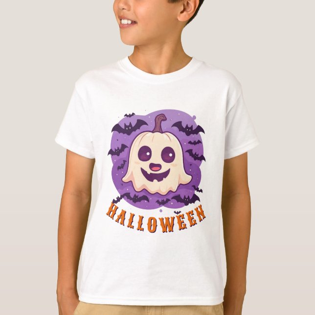 Camiseta 🎃 Fantasma de Halloween com Abóboras para Doce ou (Frente)