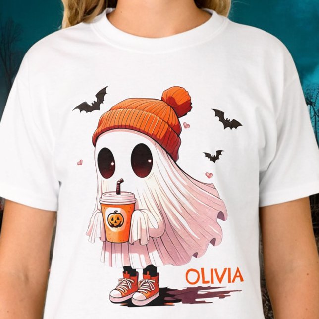 Camiseta Fantasma de Halloween com Chapéu Bebida Morcegos F (Criador carregado)