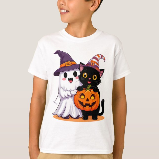Camiseta Fantasma de Halloween com Gato Abóbora 👻 (Frente)