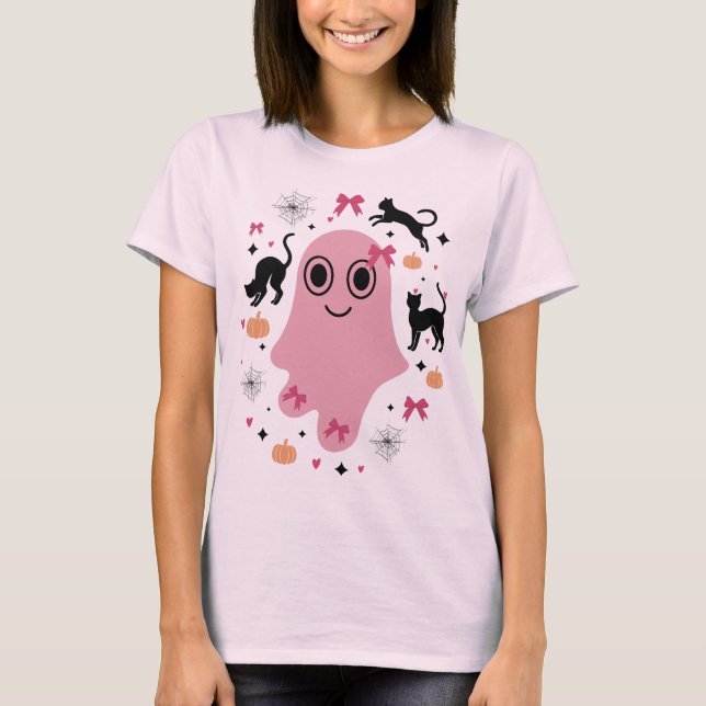 Camiseta Fantasma de Halloween Coquette Rosa (Frente)