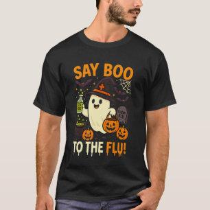 Camiseta Fantasma de Halloween Diz Boo Vacina Contra Gripe 