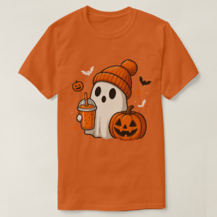 Camiseta Fantasma de Halloween Fofo com Abóbora e Bebida
