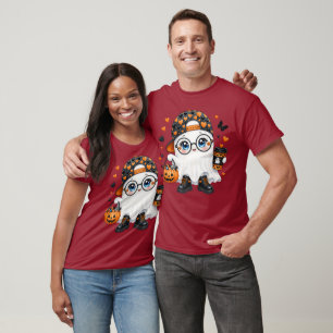 Camiseta Fantasma de Halloween Fofo com Café e Abóbora