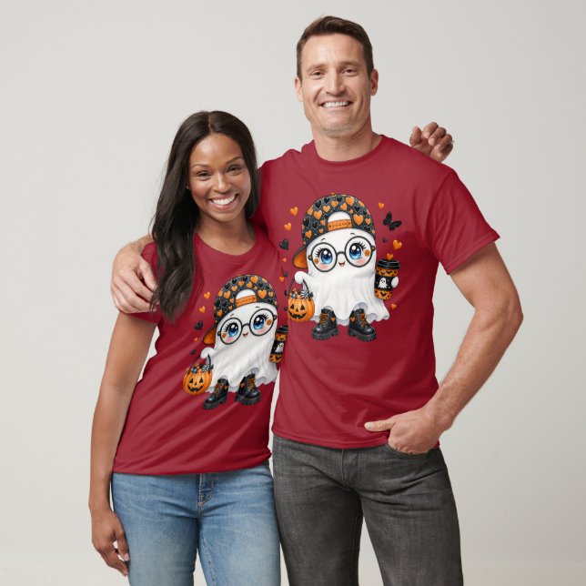 Camiseta Fantasma de Halloween Fofo com Café e Abóbora (Unissex)