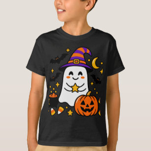 Camiseta Fantasma de Halloween Fofo com Chapéu de Bruxa, Ab