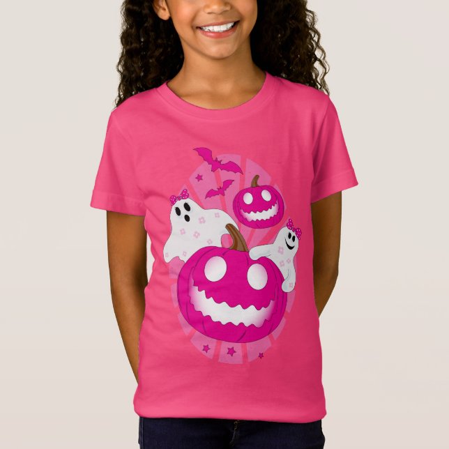 Camiseta Fantasma de Halloween Rosa Bonito (Frente)