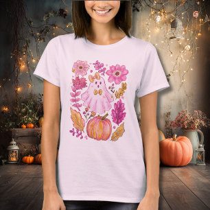 Camiseta Fantasma de Halloween Rosa Pastel com Flores e Abó