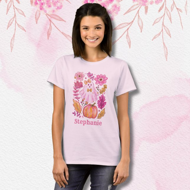 Camiseta Fantasma de Halloween Rosa Pastel com Nome Persona (Criador carregado)