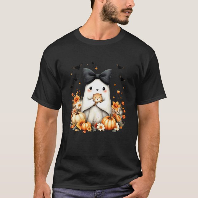 Camiseta Fantasma de Halloween Segurando Abóbora de Capivar (Frente)
