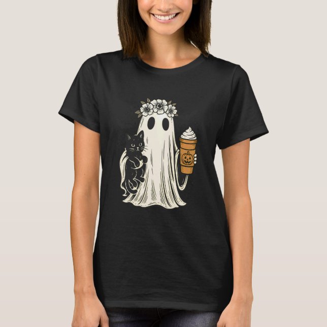 Camiseta Fantasma de Halloween segurando gato preto com sor (Frente)