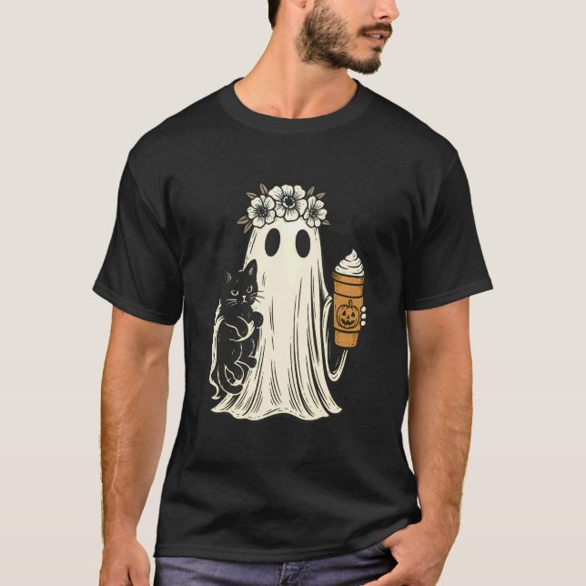 Camiseta Fantasma de Halloween segurando gato preto com sor (Frente)
