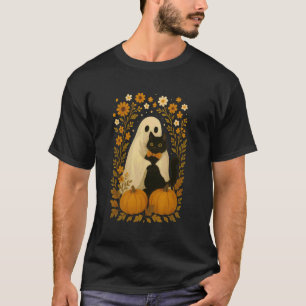 Camiseta Fantasma de Halloween segurando gato preto floral