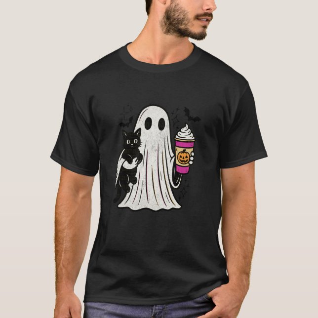 Camiseta Fantasma de Pumpkin Spice Latte Segurando Gato Pre (Frente)