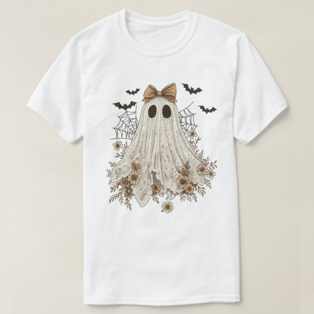 Camiseta Fantasma de Renda Elegante com Laço | Fantasma Flo (Frente do Design)