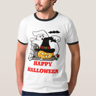 Camiseta Fantasma do Halloween e abóbora numa pedra de túmu
