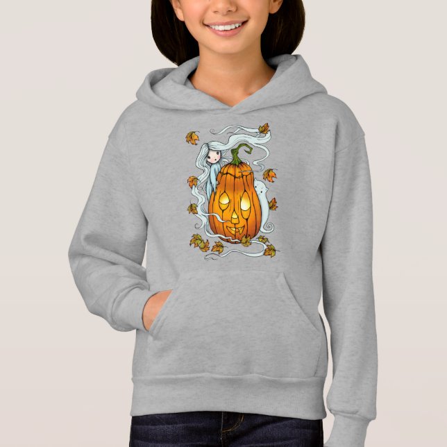 Camiseta Fantasma e Abóbora de Halloween Fofos com Gato (Frente)