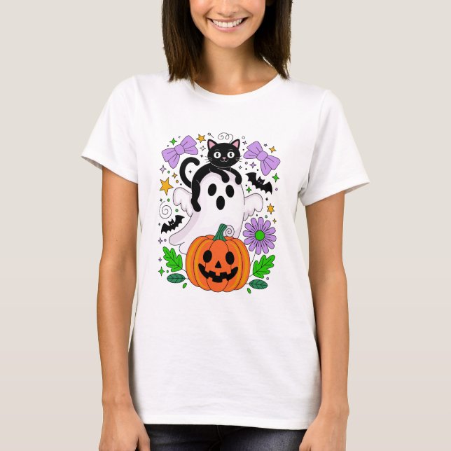 Camiseta Fantasma e Arte de Abóbora Preta do Halloween (Frente)