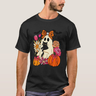 Camiseta Fantasma e Gato de Halloween Retrô Abóbora Floral
