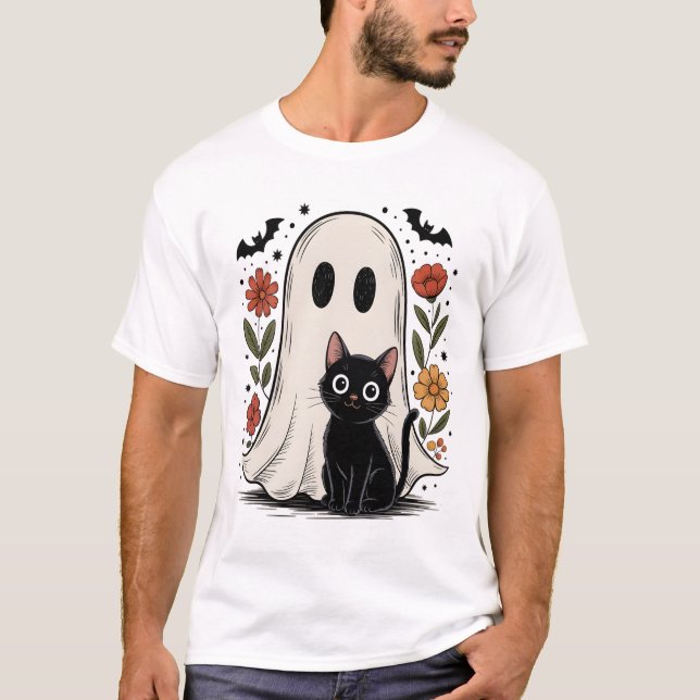 Camiseta Fantasma e Gato Fofo de Halloween (Frente)