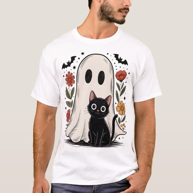 Camiseta Fantasma e Gato Fofo de Halloween (Frente)